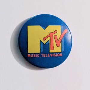 Vintage MTV Music Television Button Pin Pinback Blue & Yellow 1" Official 1980s